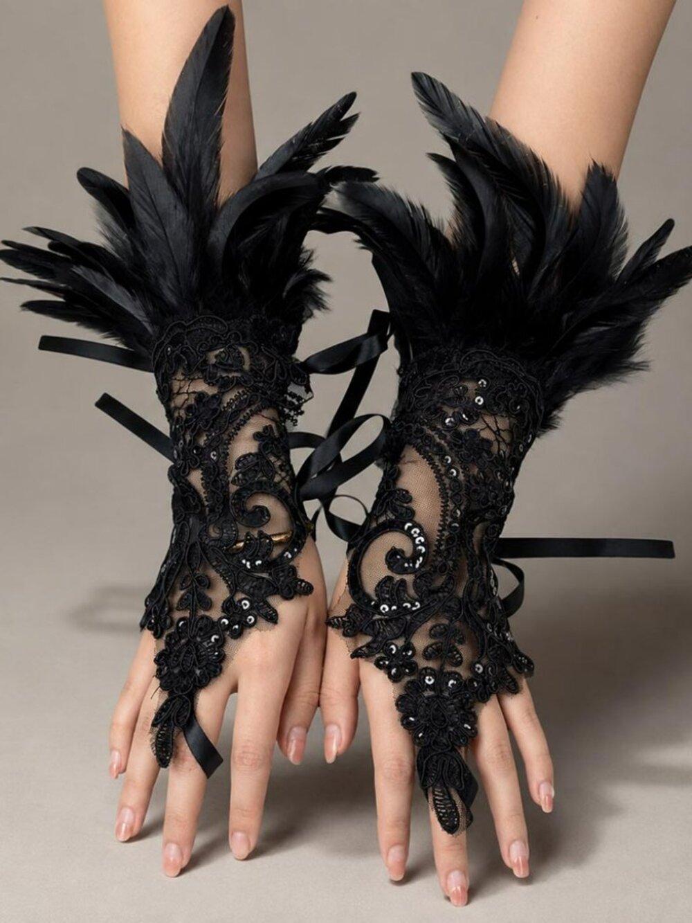 Halloween Feather Trim Lace Fingerless Costume Gloves